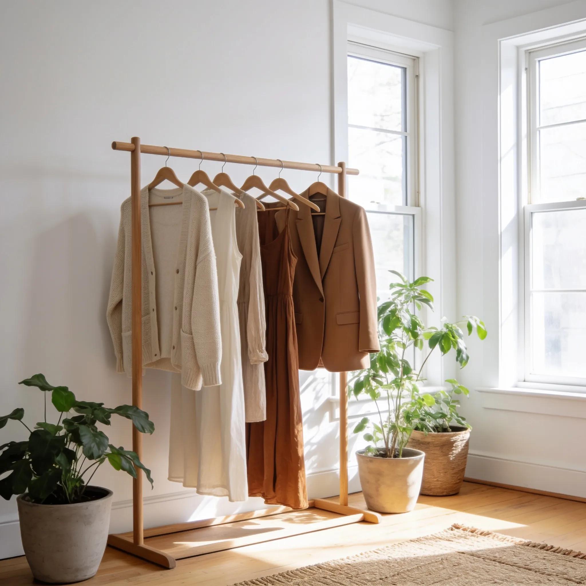 Minimalist capsule wardrobe featuring essential spring clothing items in a bright, sustainable setting