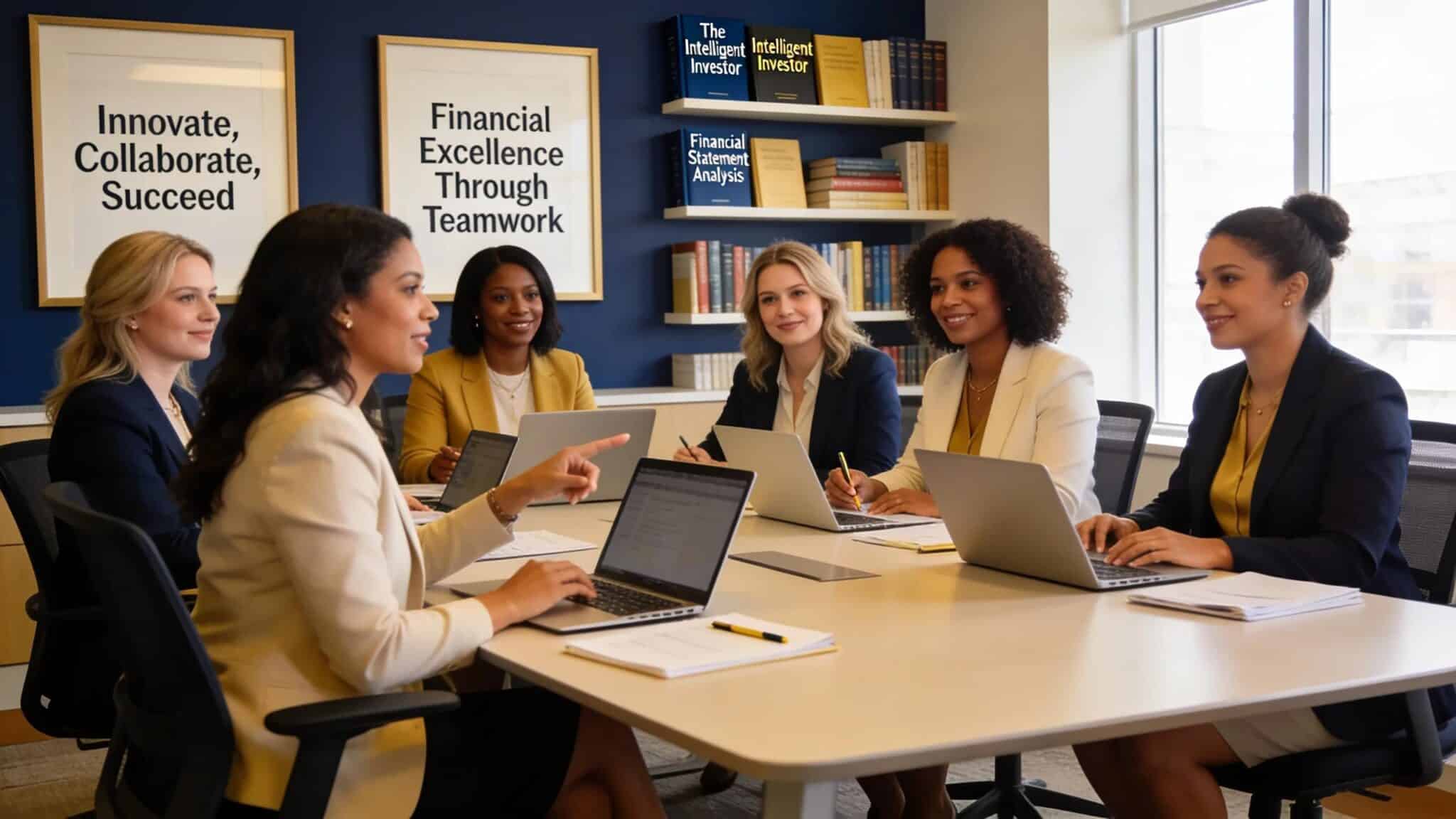 Diverse female financial advisors collaborating in a modern conference room
