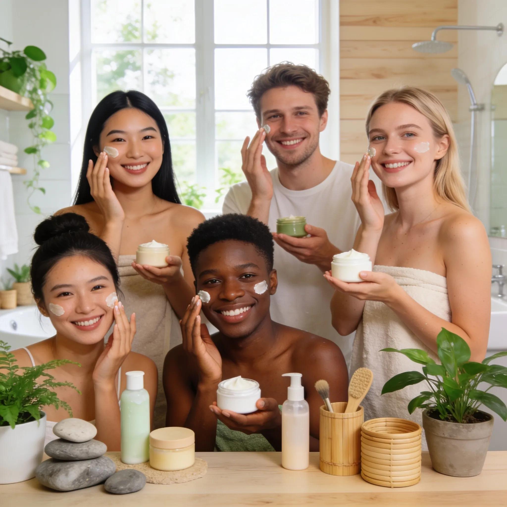 A diverse group using cruelty-free skincare products in a bright bathroom, showcasing ethical beauty