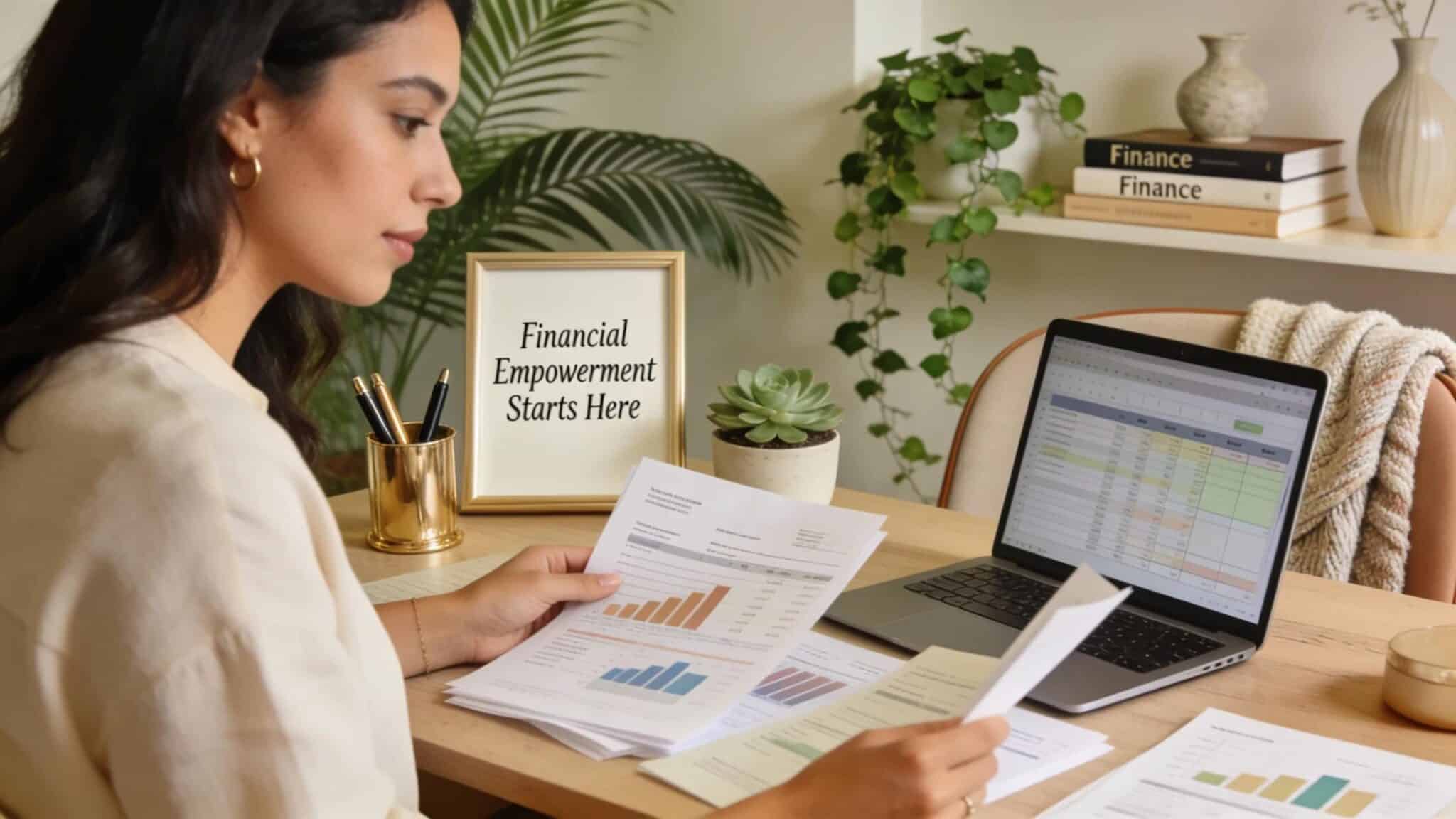 Woman in a cozy office reviewing financial documents, symbolizing luxury financial planning for women