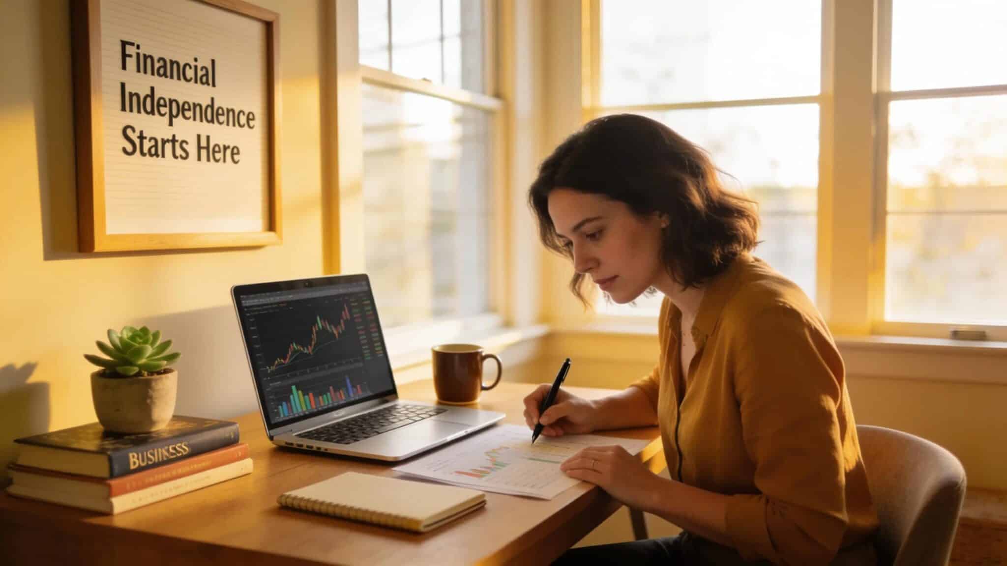 Empowered woman reviewing investment portfolio in a cozy home office