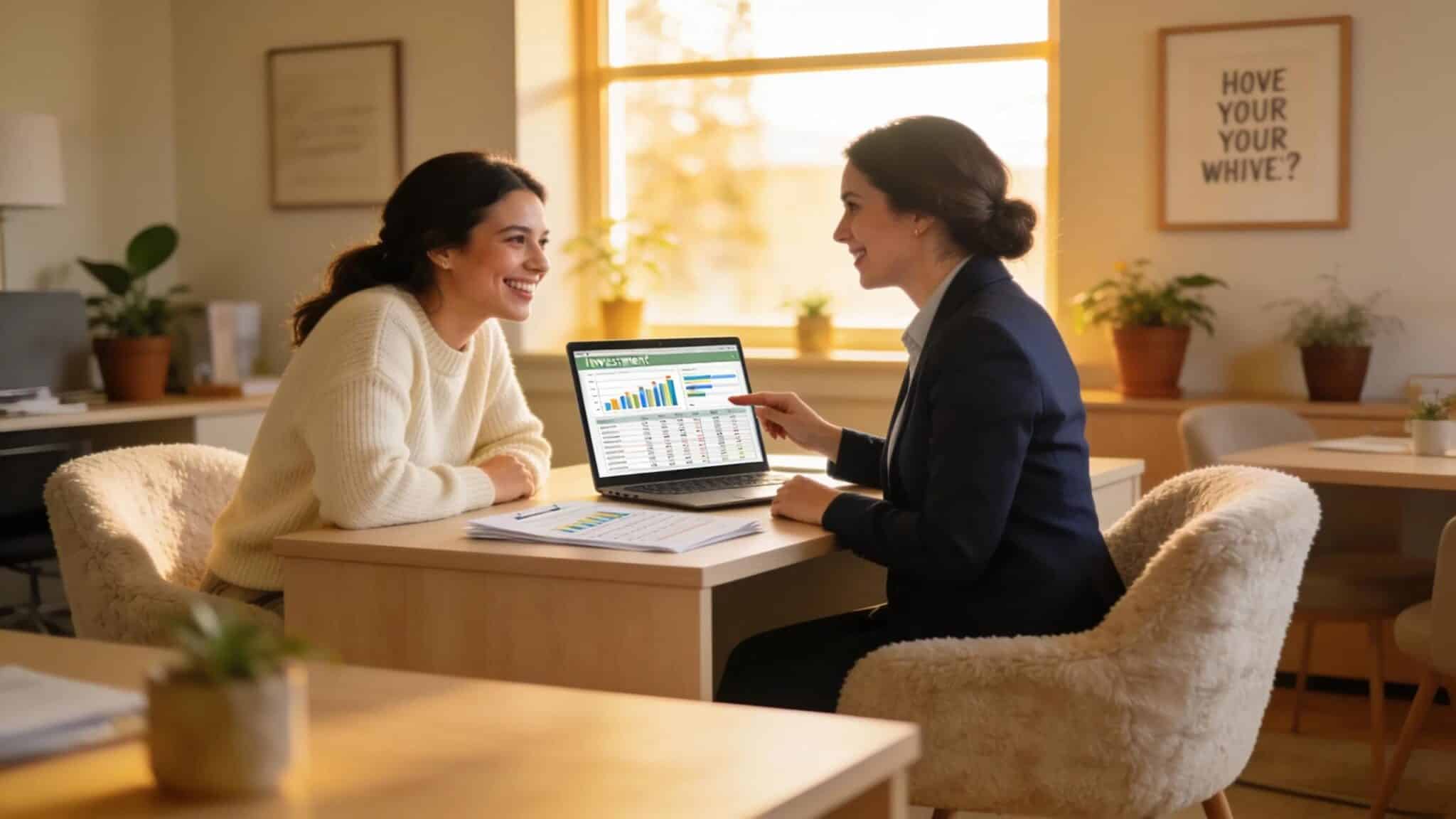 Two women discussing financial planning in a cozy office setting