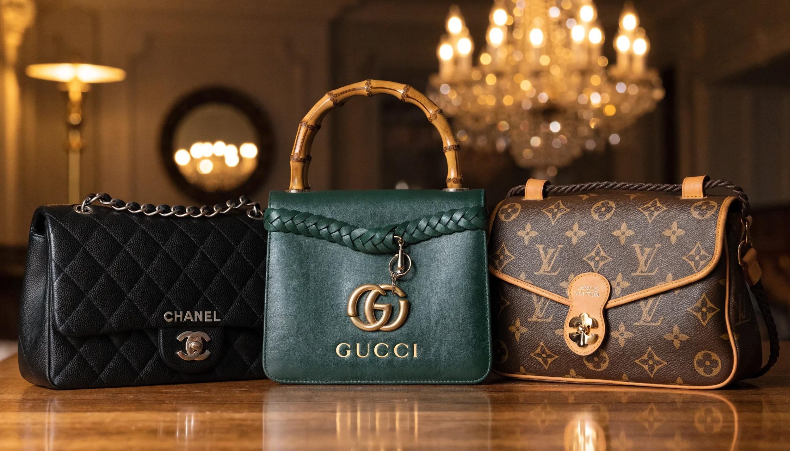 Close-up of Chanel, Gucci, and Louis Vuitton bags showcasing unique design features