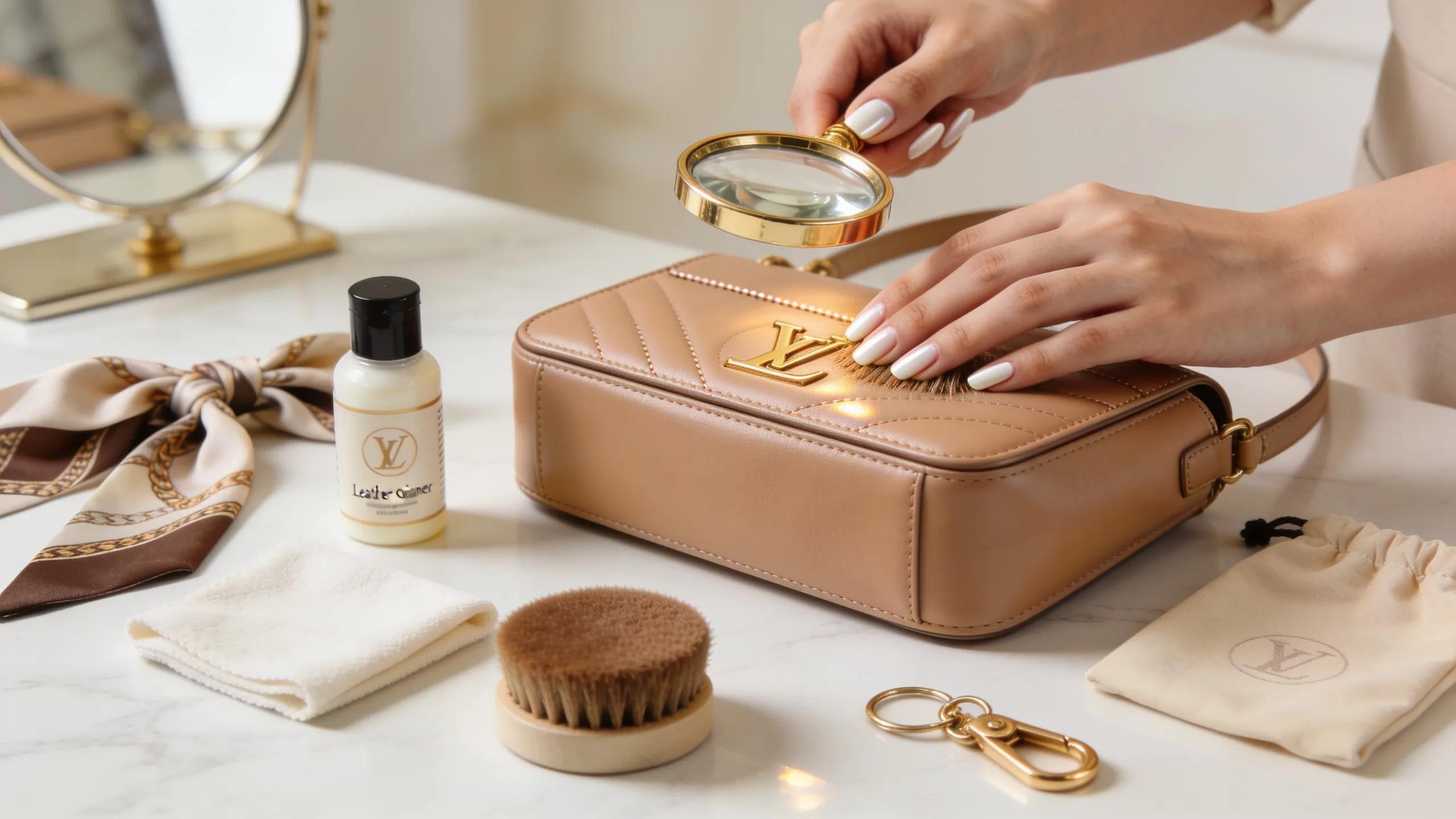 Person inspecting a designer handbag with care products, highlighting authentication methods