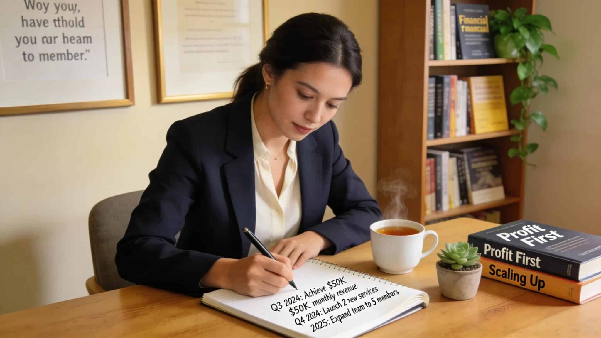 Woman entrepreneur setting financial goals in an inspiring workspace