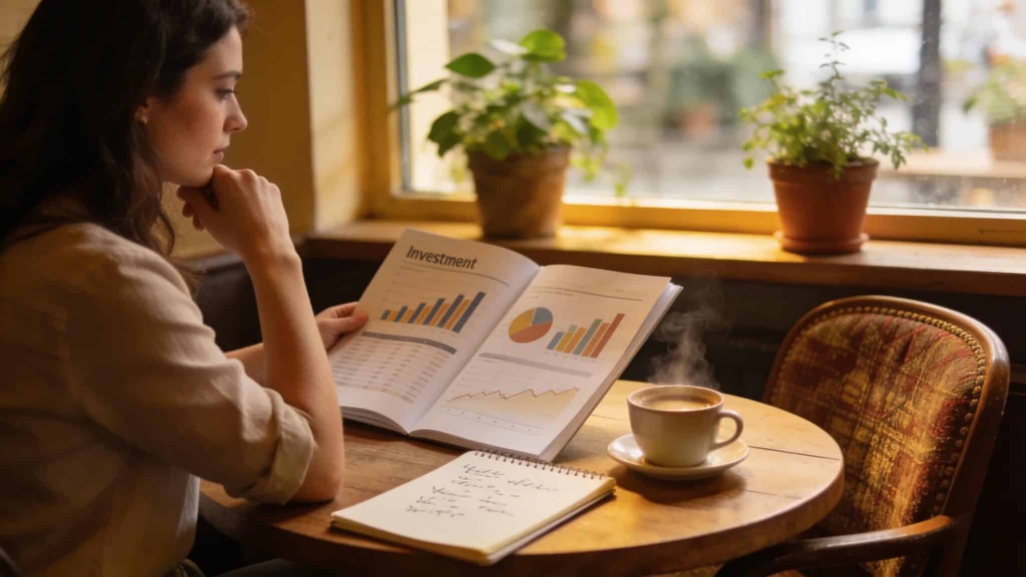 A woman reviewing her investment portfolio in a cozy caf&eacute; setting