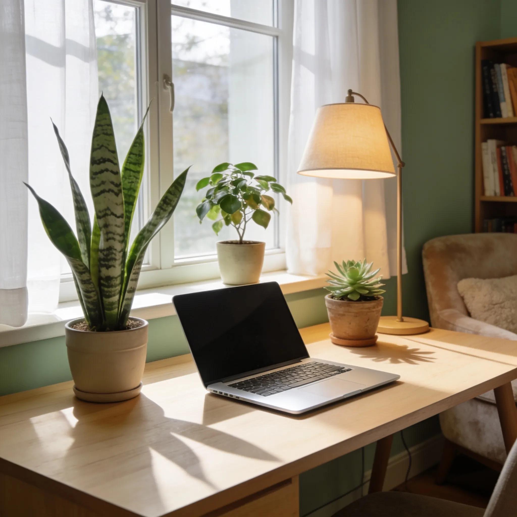 Comfortable home office highlighting work-life balance with peaceful decor and greenery